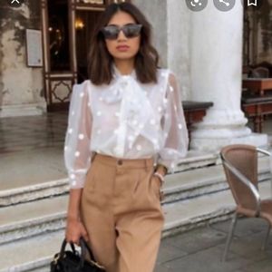 Zara white organza semi-sheer embroidered top